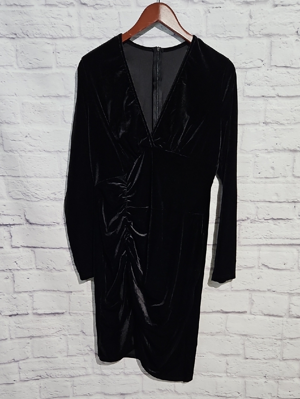 Black Velvet Long-Sleeve Ruched V-Neck Dress